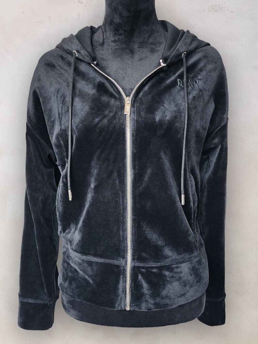 DKNY Sport Black Velour Velvet Full Zip Hoodie Jacket Embroidered Logo